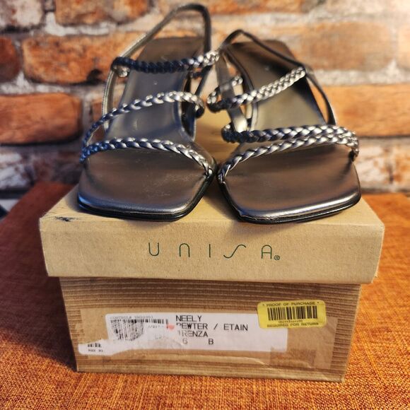 Unisa Women's Shoes Sandals Pewter Braided Strappy Heel Size 6 Metal Vintage - Picture 2 of 12